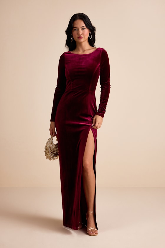 Duarte Burgundy Velvet Cowl Back Long Sleeve Maxi Dress Dress - EJIACHE