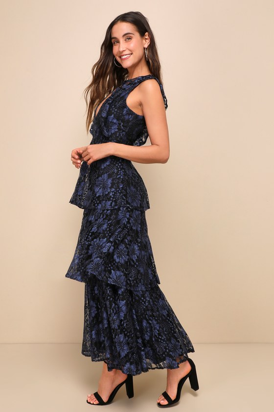Molinetto Navy Blue Lace Ruffled Tiered Sleeveless Maxi Dress Dress - EJIACHE