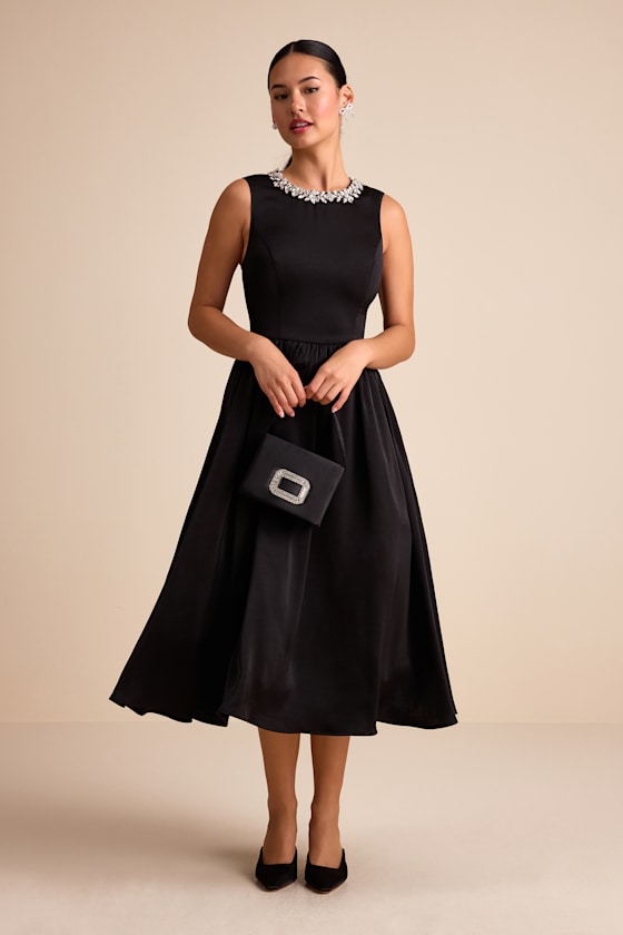 Marietta Black Satin Rhinestone Sleeveless Midi Dress Dress - EJIACHE