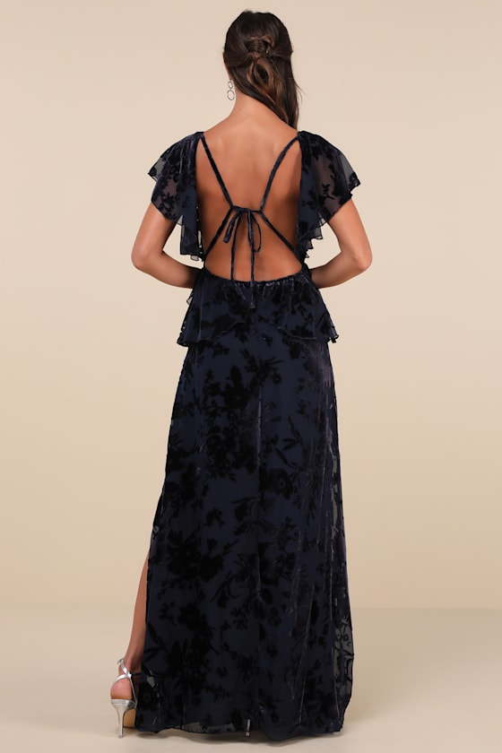 Romantic Wonder Navy Burnout Velvet Ruffled Tie-Back Maxi Dress Dress - EJIACHE