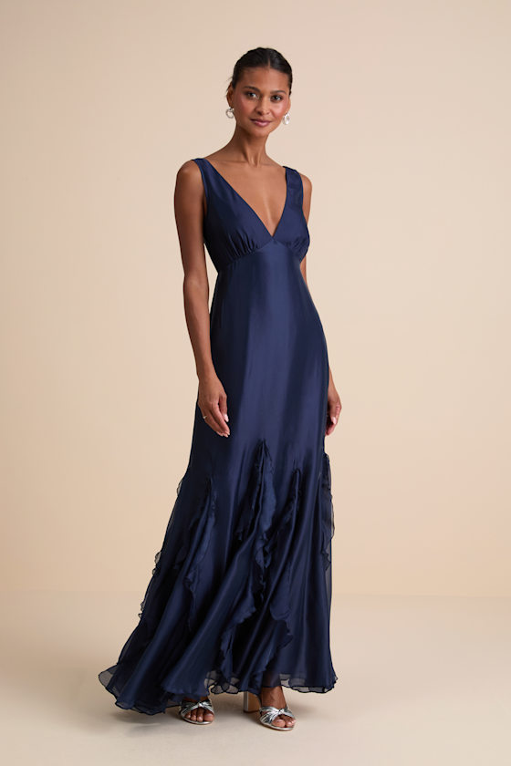 Deluca Navy Floral Sleeveless Ruffled Maxi Dress Dress - EJIACHE