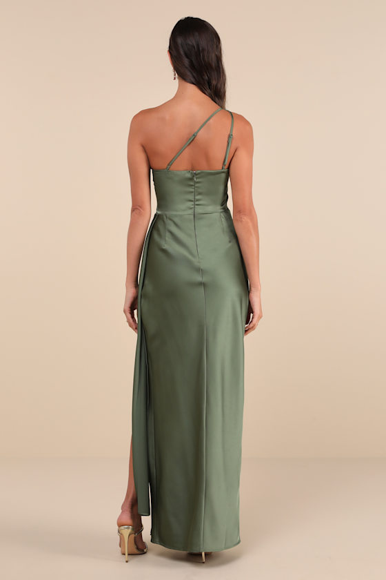Signature Elegance Olive Green Satin One-Shoulder Maxi Dress Dress - EJIACHE