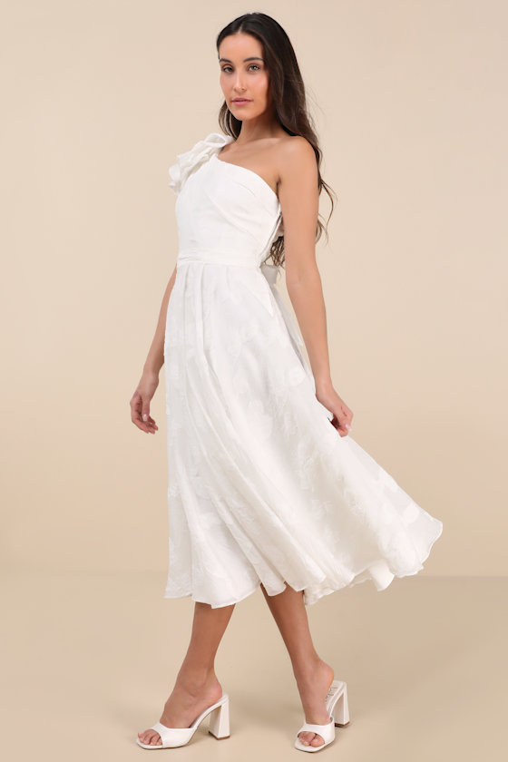 Sweet Definition White Burnout Ruffled One-Shoulder Midi Dress Dress - EJIACHE