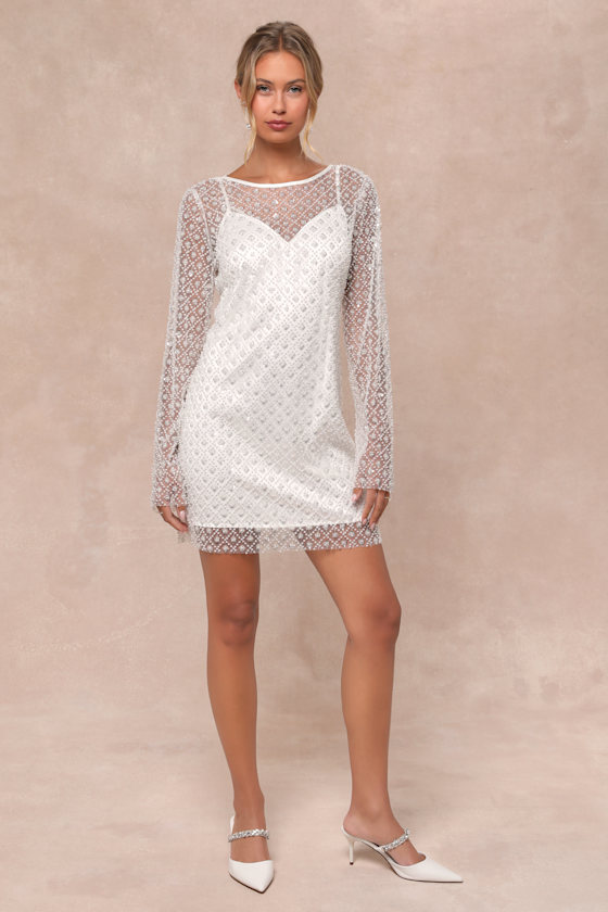 Glowing Charisma White Sequin Pearl Mesh Long Sleeve Mini Dress Dress - EJIACHE