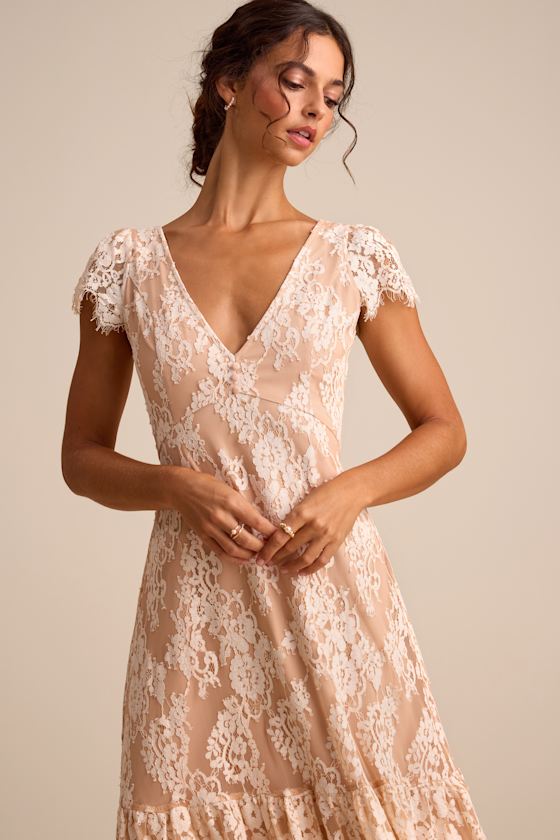 Rohanna Ivory and Blush Lace Short Sleeve Tiered Midi Dress Dress - EJIACHE