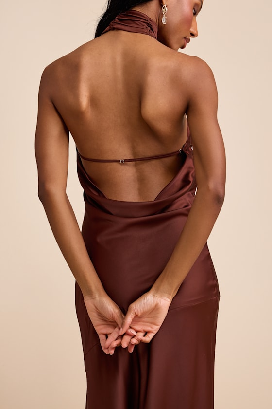 Madalena Dark Brown Satin Cowl Back Maxi Dress Dress - EJIACHE