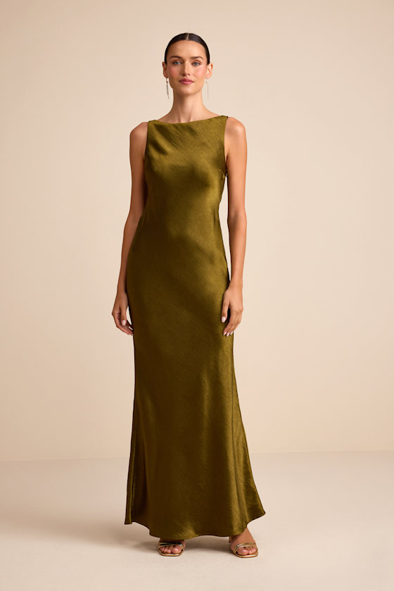 Janita Olive Satin Sleeveless Cowl Back Maxi Dress Dress - EJIACHE
