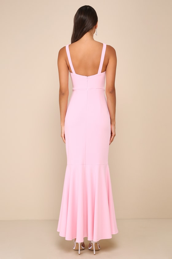 Romantic Destiny Light Pink Square Neck Trumpet Maxi Dress Dress - EJIACHE