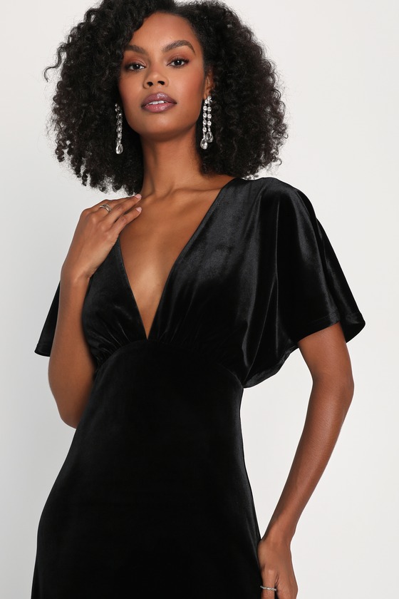 Mystical Charm Black Velvet Flutter Sleeve Maxi Dress Dress - EJIACHE