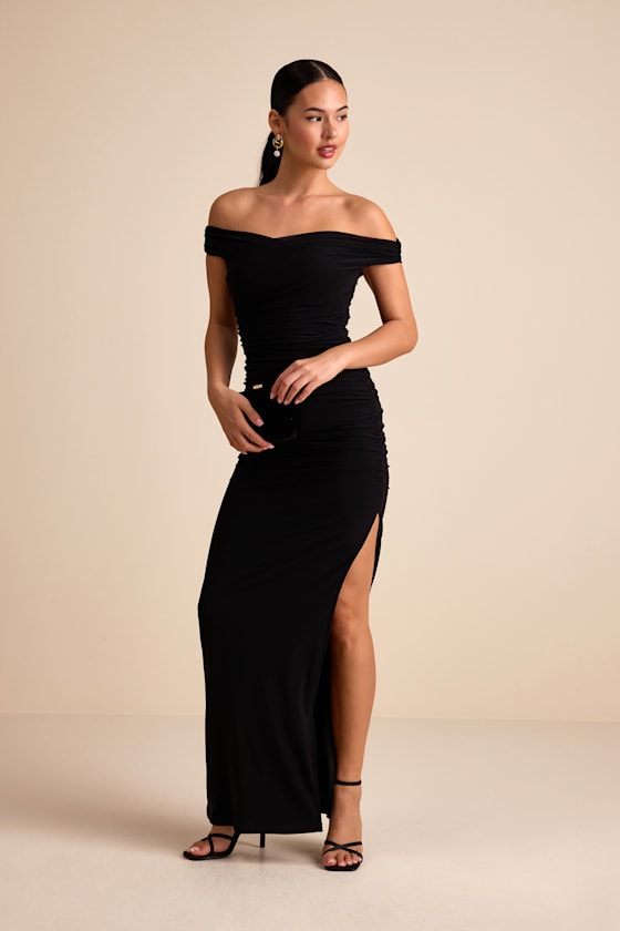 Scotia Black Mesh Ruched Off-the-Shoulder Maxi Dress Dress - EJIACHE
