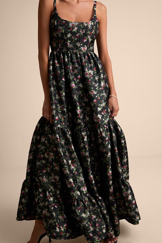 Avalie Black Floral Tiered Bustier Maxi Dress Dress - EJIACHE