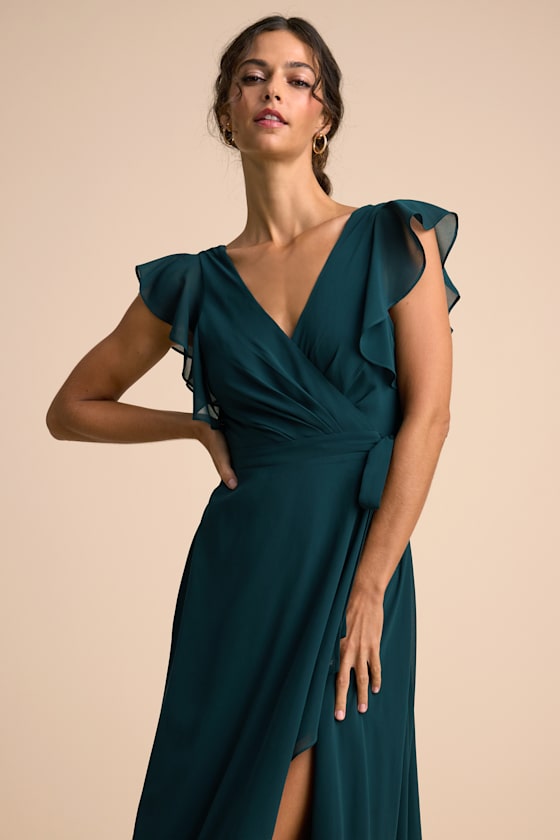 Ravishing Charm Emerald Ruffled Wrap High-Low Maxi Dress Dress - EJIACHE