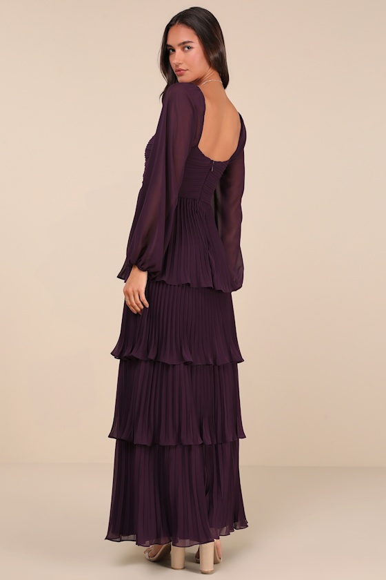 Impactful Elegance Purple Tiered Balloon Sleeve Maxi Dress Dress - EJIACHE