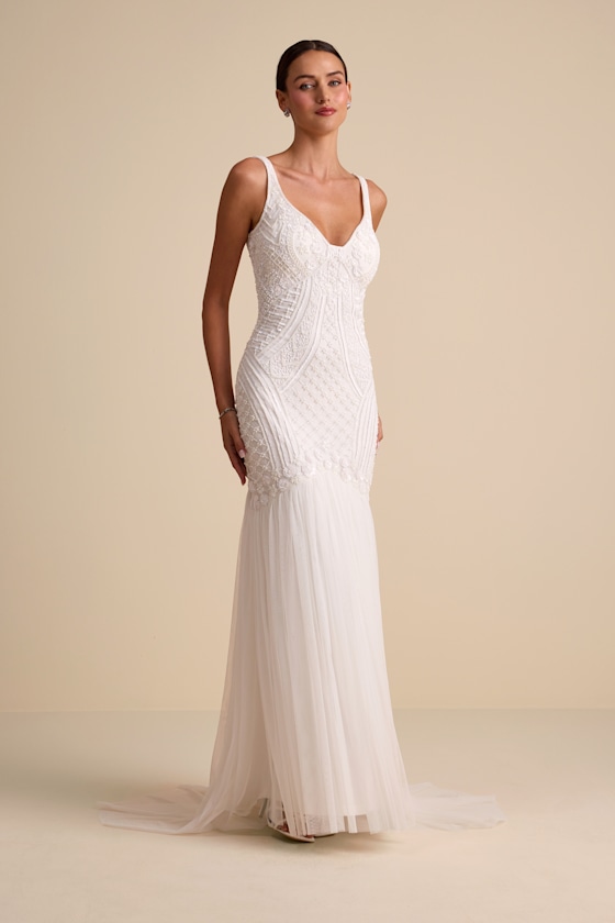 Kentworth Ivory Sequin Beaded Scoop Back Maxi Dress Dress - EJIACHE