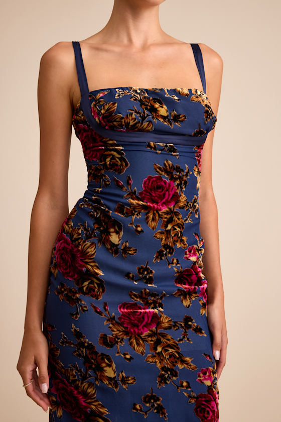 Tessa Navy Floral Jacquard Column Midi Dress Dress - EJIACHE