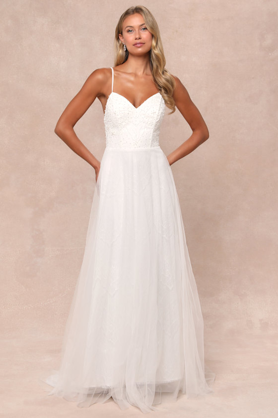 Love Perfection White Lace Tulle Pearl Beaded Maxi Dress Dress - EJIACHE