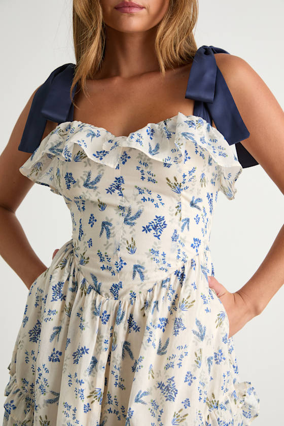 Candice Ivory Floral Ruffled Tie-Strap Midi Dress Dress - EJIACHE