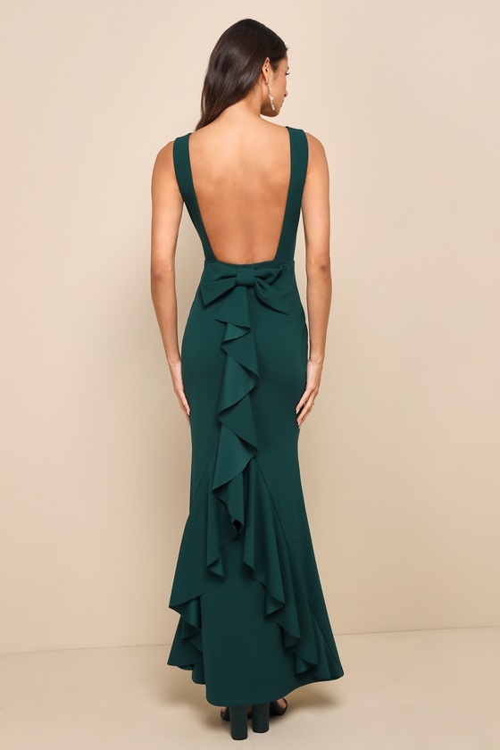 Exquisite Refinement Emerald Backless Bow Ruffled Maxi Dress Dress - EJIACHE