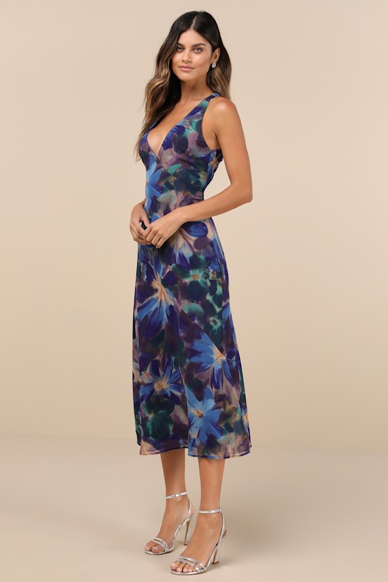 Delight in Elegance Blue Multi Floral Halter Cutout Midi Dress Dress - EJIACHE
