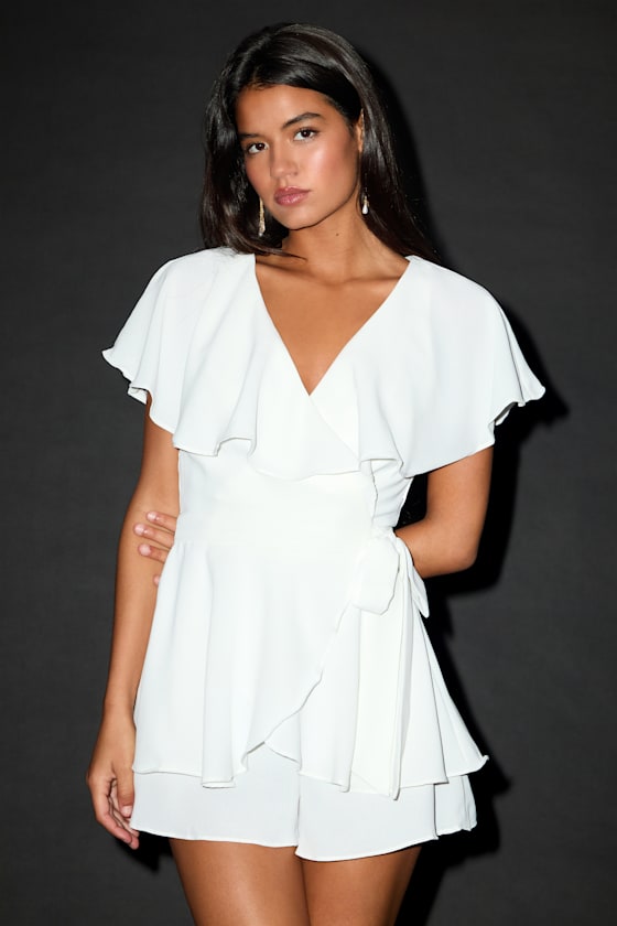 Aldrin White Ruffled Backless Wrap Skort Romper Dress - EJIACHE