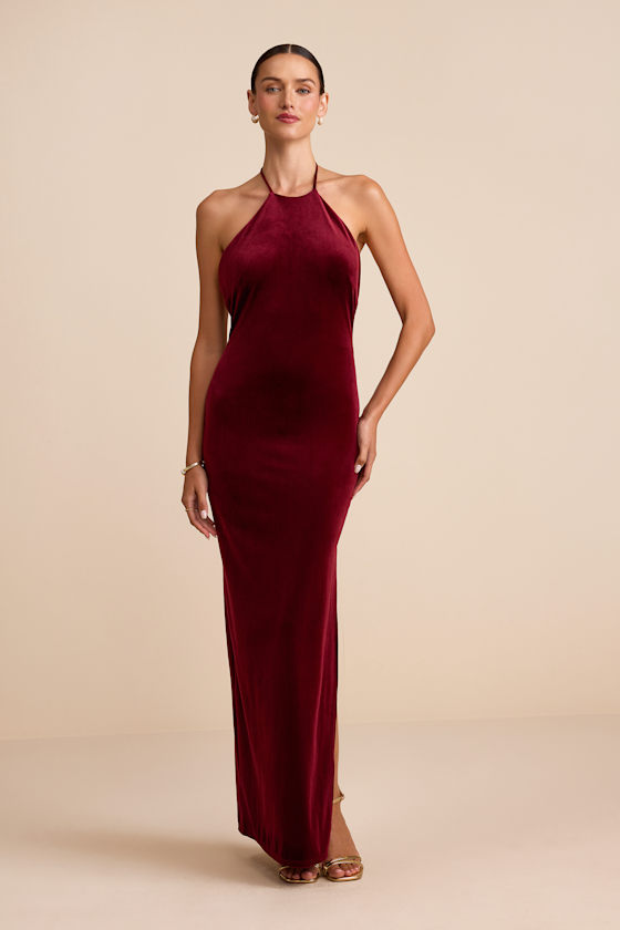 Emelina Wine Red Velvet Halter Maxi Dress Dress - EJIACHE