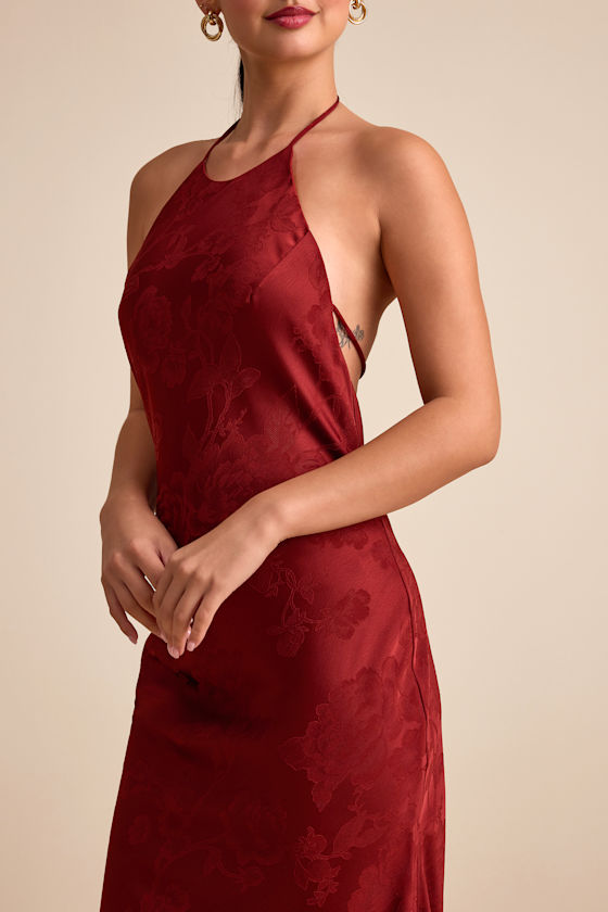 Ayura Rust Red Satin Jacquard Tie-Back Halter Maxi Dress Dress - EJIACHE