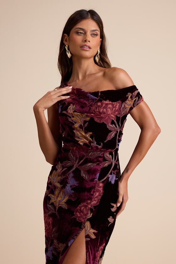 Marnella Burgundy Floral Velvet Burnout Asymmetrical Maxi Dress Dress - EJIACHE
