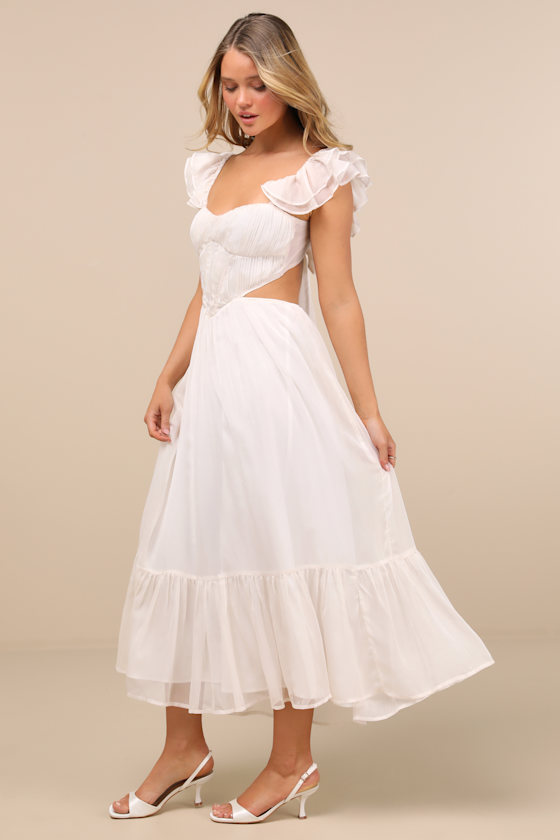 Mio Ivory Pleated Tie-Back Midi Dress Dress - EJIACHE