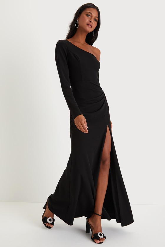 Elegant Sensation Black Asymmetrical Pleated Maxi Dress Dress - EJIACHE