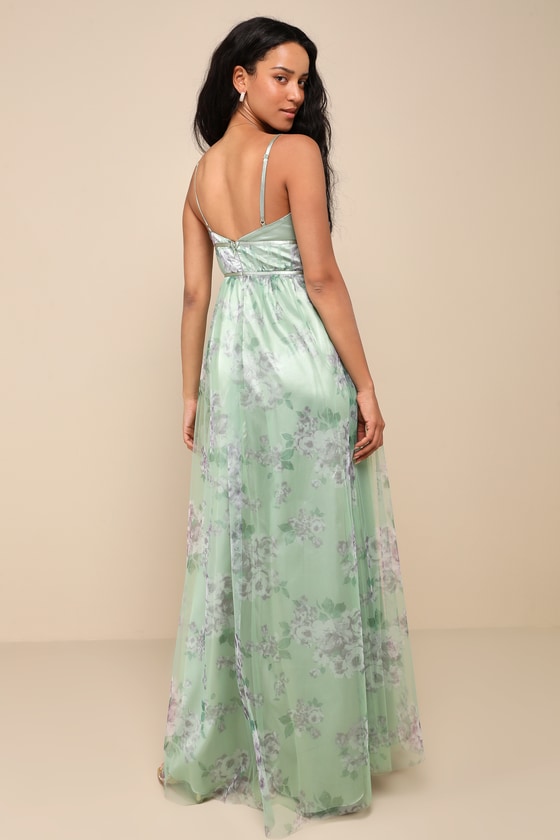 Delightful Invitation Green Floral Tulle Sleeveless Maxi Dress Dress - EJIACHE