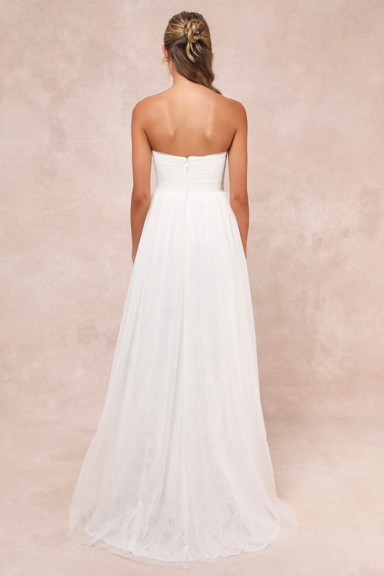 Blissful Forever White Tulle Lace Strapless Pleated Maxi Dress Dress - EJIACHE