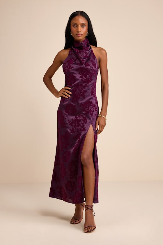 Kyliana Plum Purple Satin Burnout Velvet Halter Maxi Dress Dress - EJIACHE