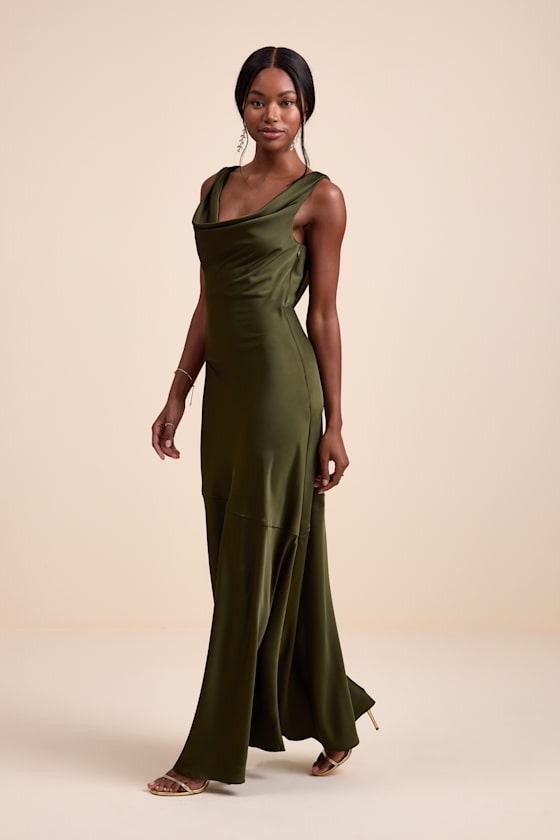 Aernah Olive Satin Cowl Tie-Back Slip Maxi Dress Dress - EJIACHE