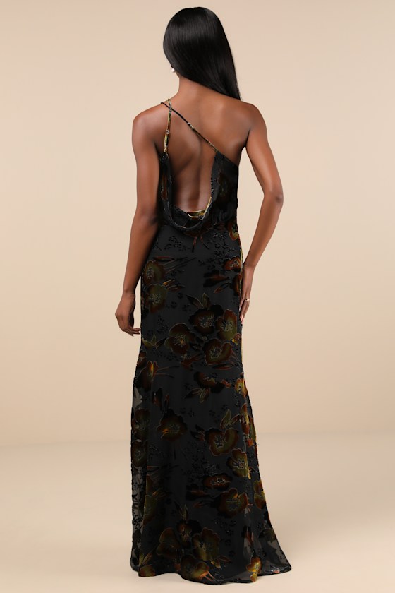 Ethereal Entrance Black Velvet Burnout One-Shoulder Maxi Dress Dress - EJIACHE