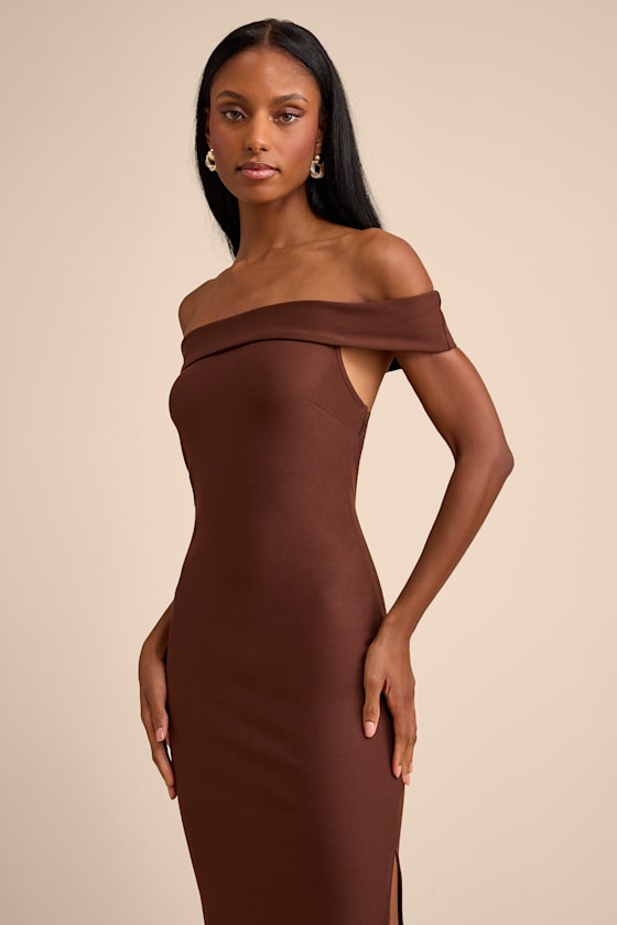 Chastain Brown Ponte Knit Off-the-Shoulder Maxi Dress Dress - EJIACHE