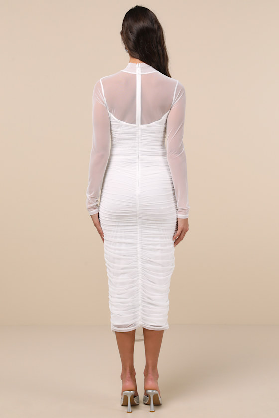 Impressive Flirt White Mesh Ruched Mock Neck Midi Dress Dress - EJIACHE
