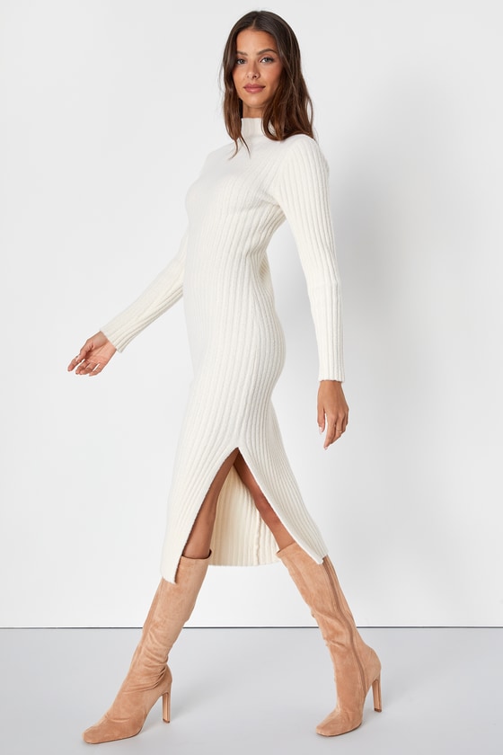Irresistible Feelings Ivory Fuzzy Knit Midi Sweater Dress Dress - EJIACHE