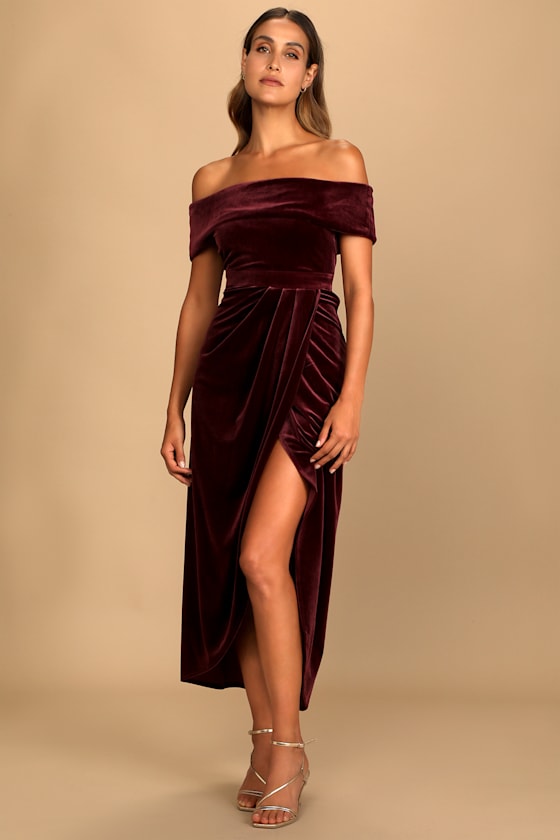 I'm Enchanted Burgundy Velvet Off-the-Shoulder Maxi Dress Dress - EJIACHE