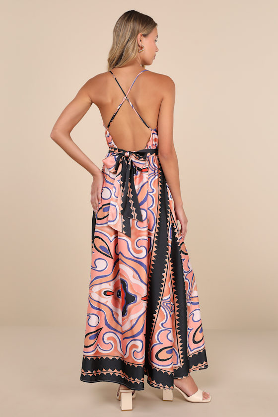 Rich Demeanor Pink Multi Abstract Backless Buckle Maxi Dress Dress - EJIACHE