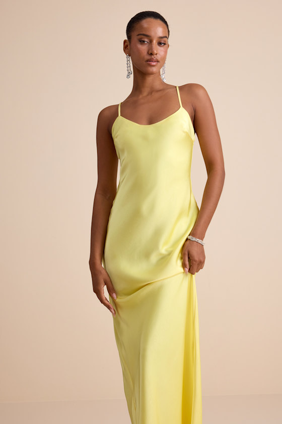 Janet Light Yellow Satin Slip Maxi Dress Dress - EJIACHE