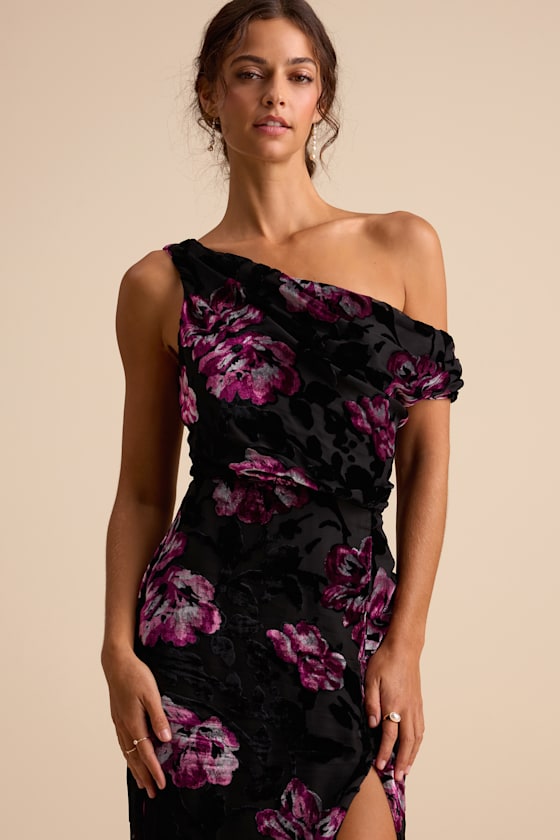 Marnella Black Floral Velvet Burnout Asymmetrical Maxi Dress Dress - EJIACHE