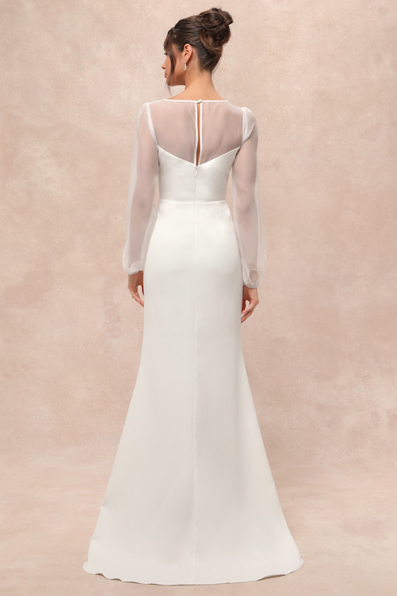 Immaculate Romance White Sheer Organza Long Sleeve Maxi Dress Dress - EJIACHE