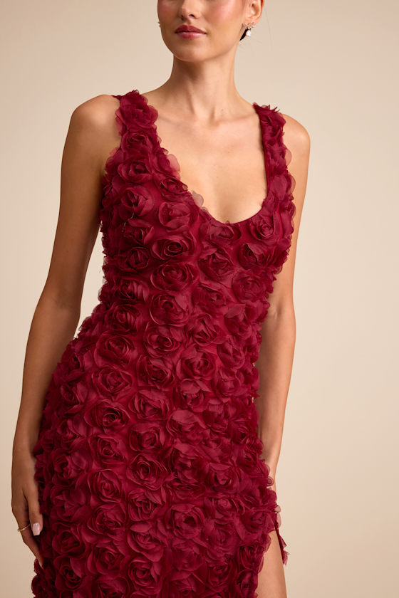 Aniston Wine Red Rosette Sleeveless Midi Dress Dress - EJIACHE