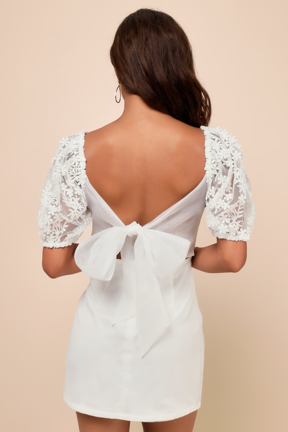 Charming Potential White Organza Backless Puff Sleeve Mini Dress Dress - EJIACHE