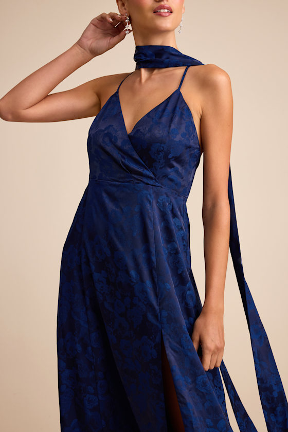 Mahira Navy Satin Jacquard Surplice Sash Scarf Maxi Dress Dress - EJIACHE