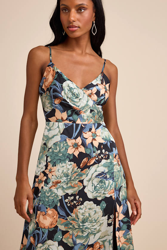 Radiant Occasion Black Multi Floral Satin A-Line Maxi Dress Dress - EJIACHE