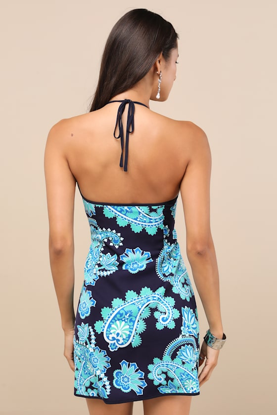 Aelora Dark Navy and Aqua Paisley Print Halter Mini Dress Dress - EJIACHE