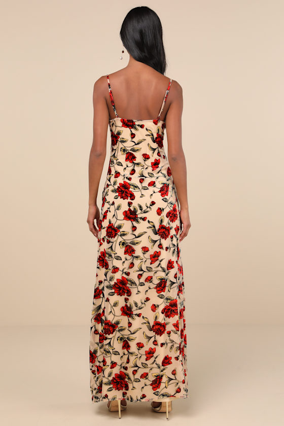 Romance in the Making Beige Floral Print Velvet Maxi Dress Dress - EJIACHE