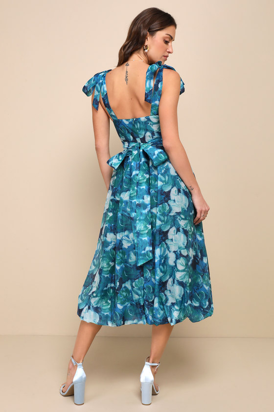 Flowering Day Dream Teal Blue Floral Organza Midi Bubble Dress Dress - EJIACHE