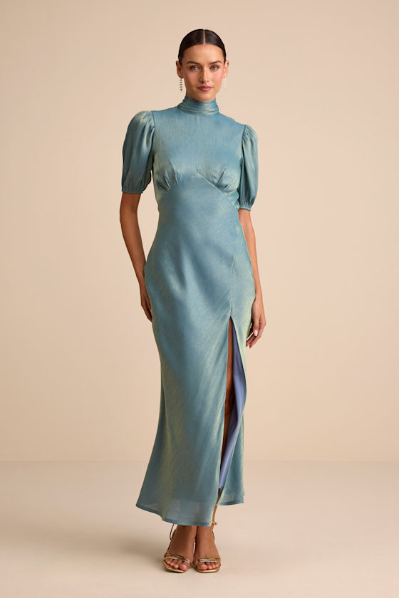 Talira Light Blue Satin Lurex Mock Neck Cutout Maxi Dress Dress - EJIACHE